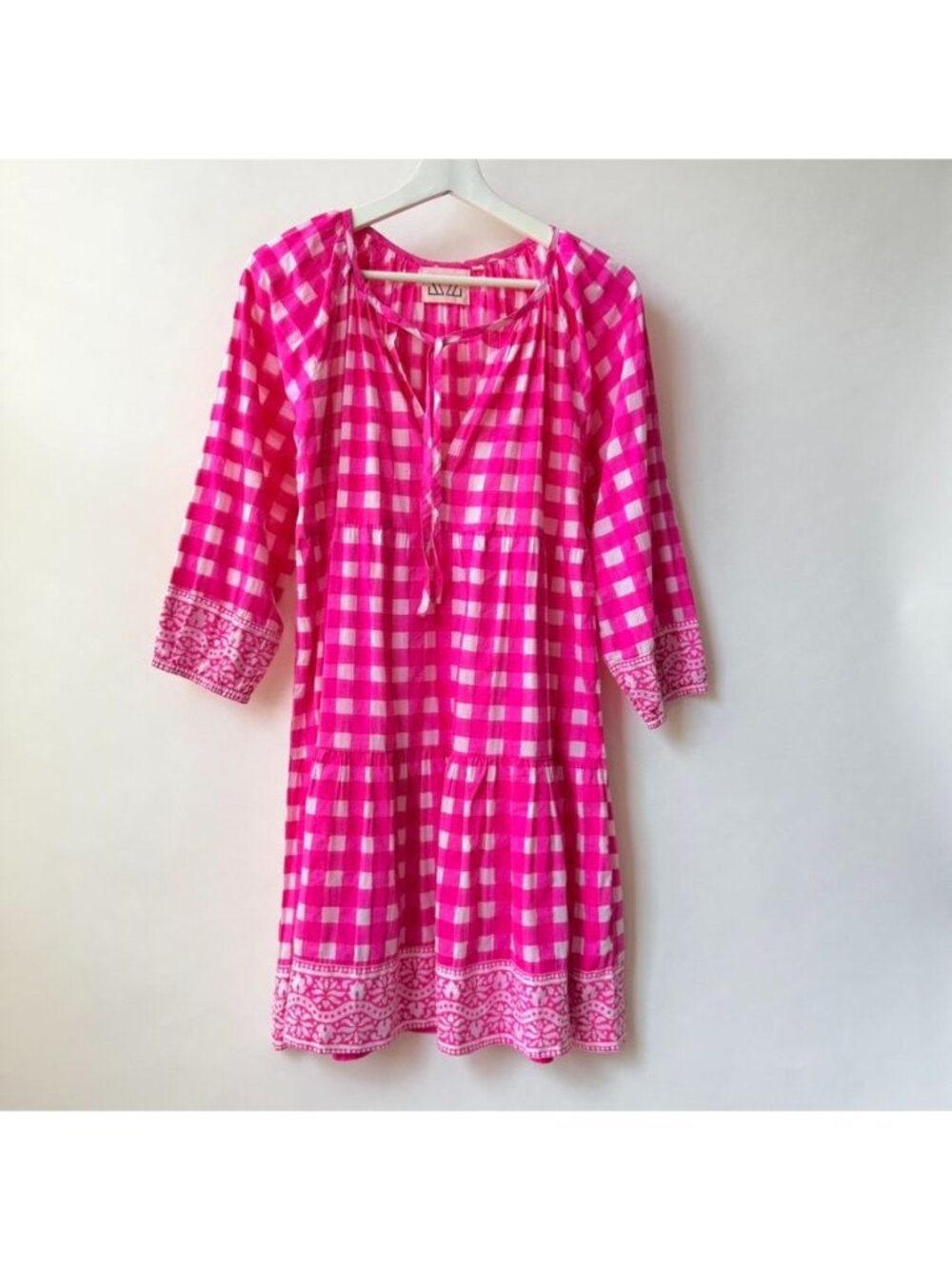 SZ Blockprints Priya Hot Pink Gingham Cotton Tiered Dress Women's Size M - Picture 2 of 12
